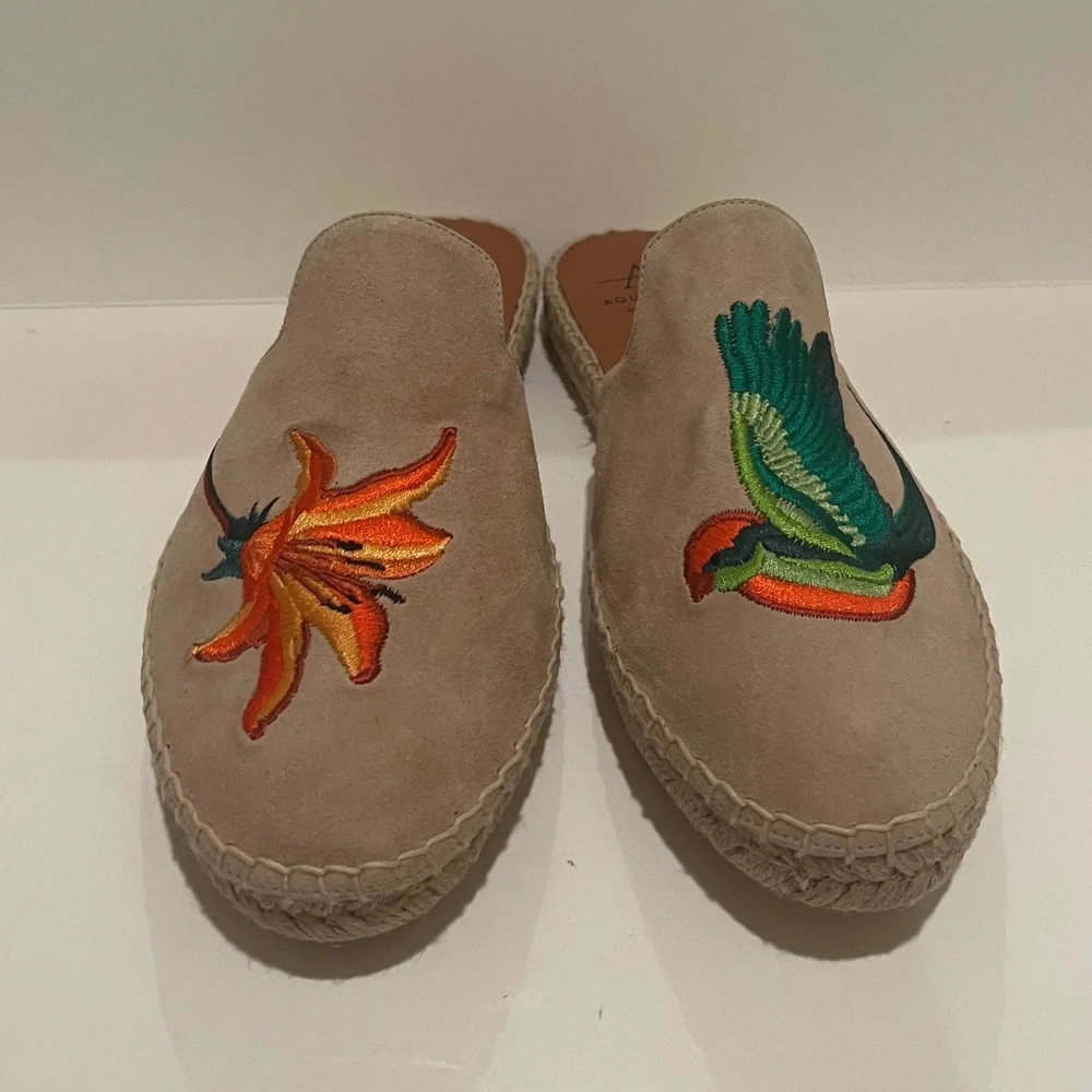 Aquatalia Blair Espadrille Bird Flower Suede Embroidered Mules Slip on Shoes 7